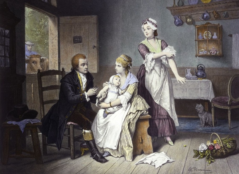 Poster uit de laat negentiende eeuw - Edward Jenner vaccineert een jong kind