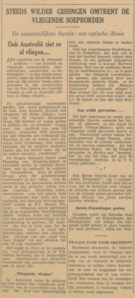 Bericht in de Arnhemsche courant van 9 juli 1947 over het fenomeen 'vliegende soepborden'