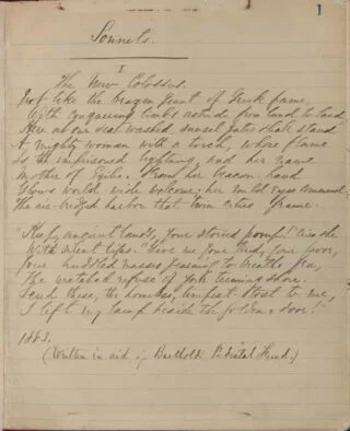 Manuscript van het gedicht 'Mother of Exiles' van Emma Lazarus, 1883