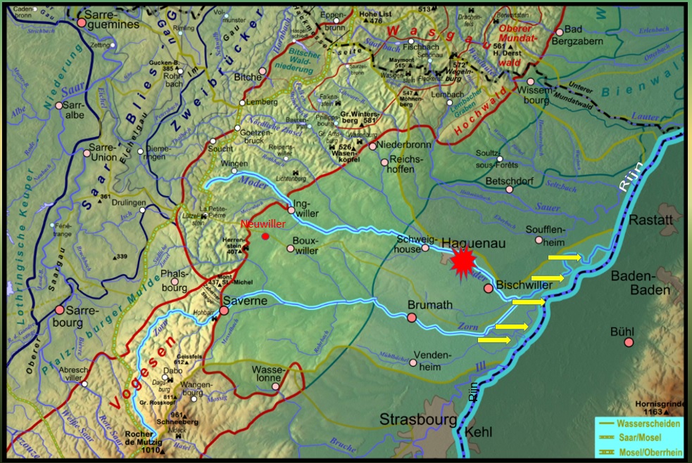 De Slag bij Haguenau, Paltserwoud, stroomgebied Moder en Rijn (Wikipedia; bewerkt door de auteur)