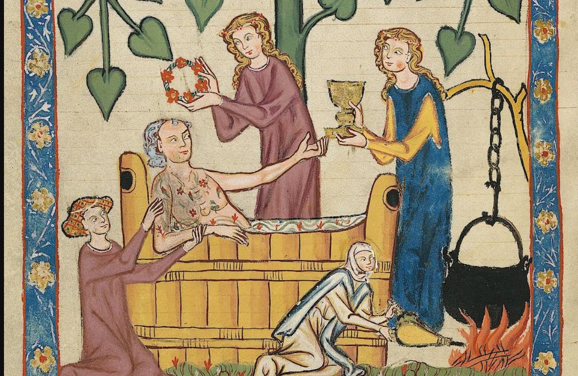 Een persoonlijke badkamer was alleen voorbehouden aan de rijken. De meeste mensen waren aangewezen op openbare badhuizen - Codex Manesse, 14e eeuw