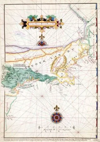 Kaart van Adriaen Block uit 1614,  met Long Island als eiland. De eerste kaart waarop de naam "Nieuw-Nederland" voorkomt.