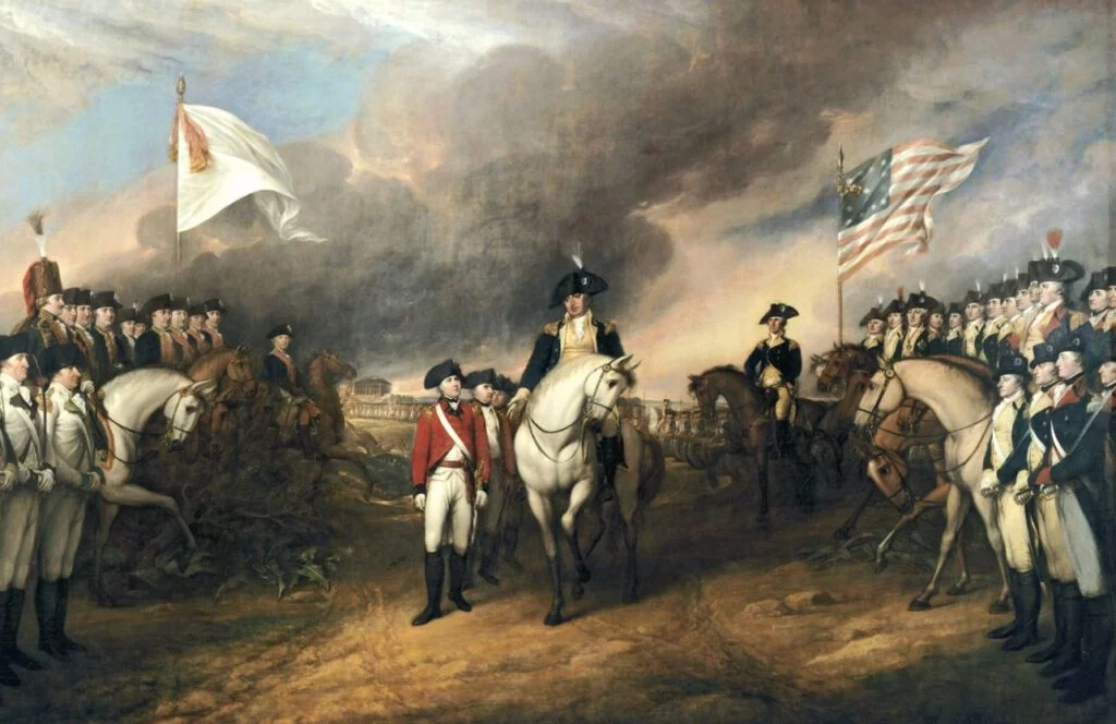 De Britse koloniaal gouverneur Charles Cornwallis geeft zich bij Yorktown over aan de Amerikaanse kolonisten. Niet lang hierna erkende Groot-Brittannië de onafhankelijkheid van de Amerikaanse koloniën - Schilderij van John Trumbull