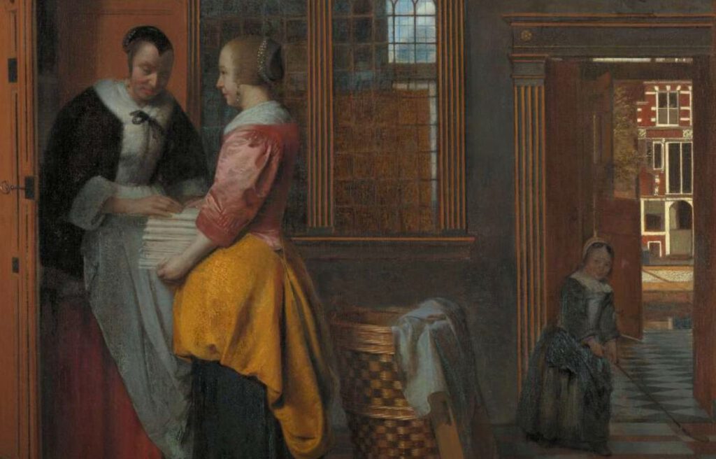 Binnenhuis met vrouwen bij een linnenkast - Pieter de Hooch, 1663