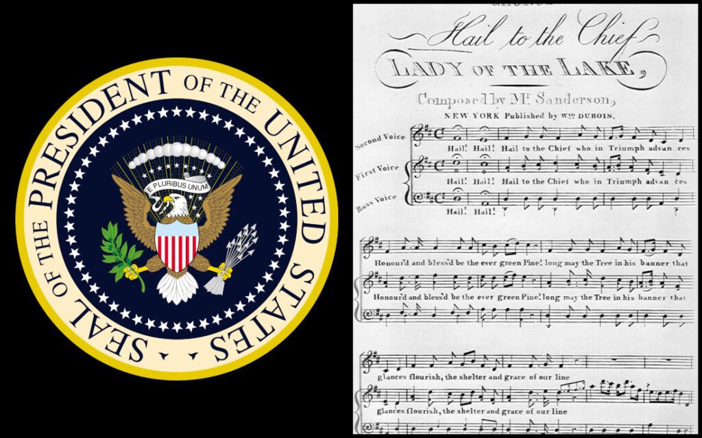 Zegel van de Amerikaanse president met bladmuziek van Hail to the Chief