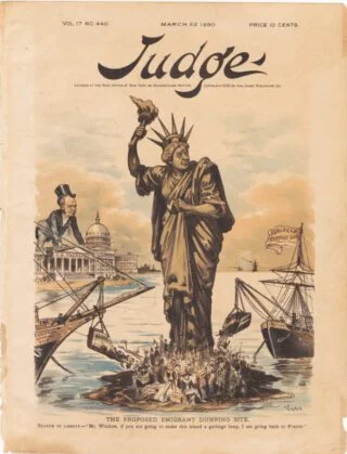 Het Vrijheidsbeeld op de voorzijde van 'Judge', 22 maart 1890