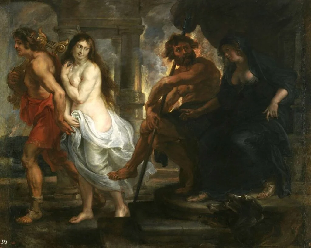 Eurydice krijgt toestemming het dodenrijk te verlaten - Rechts Hades en Persephone -  Peter Paul Rubens, ca. 1636