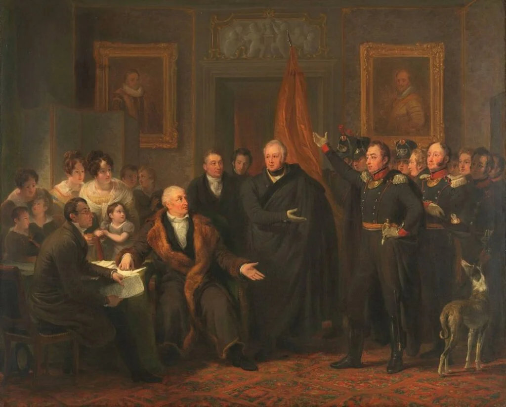 De aanvaarding van het Hoog Bewind door het Driemanschap in naam van de prins van Oranje, 21 november 1813, ten huize van Gijsbert Karel van Hogendorp, zittend rechts van de tafel.