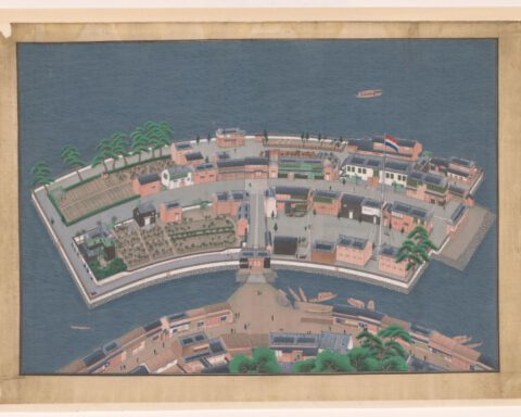 Gezicht op het eiland Deshima, Kawahara Keiga, 1833-36. Rijksmuseum RP-T-1921-488