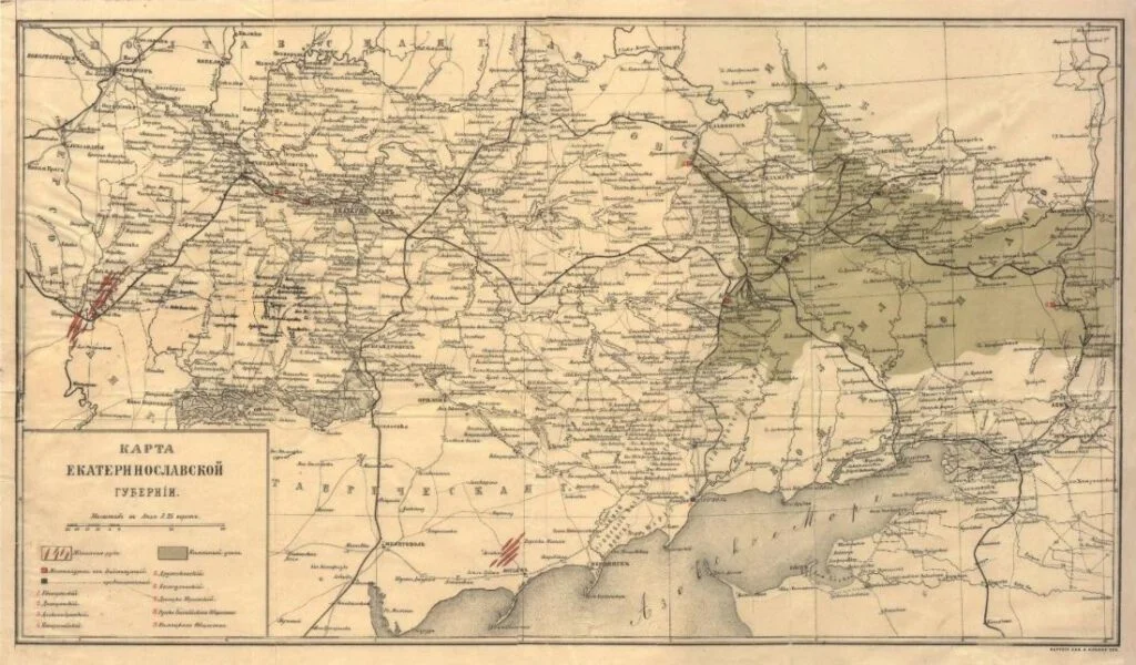 Kaart van Donbass uit 1895, toen het gebied nog in de tsaristische provincie Jekaterinoslav lag. In de drie districten die Donbass uitmaakten leefden toen ongeveer 770.000 mensen, een derde van de bevolking van de provincie. Het groen ingekleurde gebied is het steenkoolbekken.