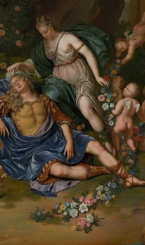 Willem van Mieris, Detail Armida bindt de slapende Rinaldo met bloemen, 1709 Mauritshuis Den Haag