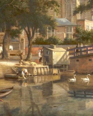 Jan van der Heyden, Detail Gezicht op de Oudezijds Voorburgwal met de Oude Kerk in Amsterdam, c.1670. Mauritshuis, Den Haag (detail)