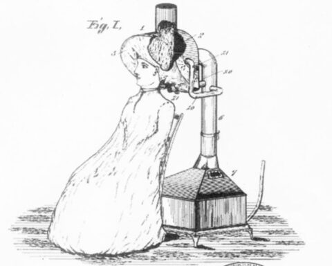 Afbeelding van de haardroger op de patentaanvraag van Alexandre-Ferdinand Godefroy