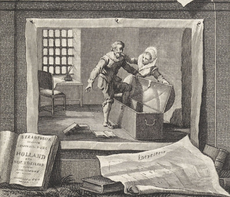 Hugo de Groot stapt in de boekenkist, 1621, Reinier Vinkeles (I), naar Jacobus Buys, 1751 - 1799. (Bron: Rijksstudio Rijksmuseum)