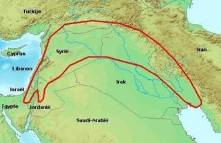 Situering van de vruchtbare halve maan (of sikkel) op een moderne kaart