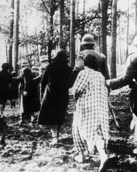 Poolse vrouwen worden door leden van een Einsatzgruppe naar een executieplek geleid