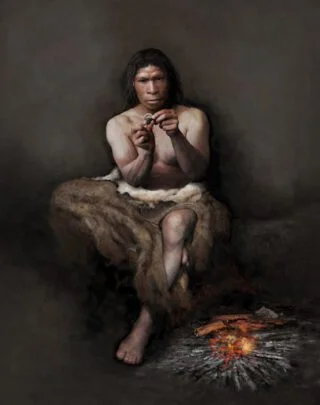 Neanderthaler met vuurstenen werktuig met berkenpek | illustratie © Tom Björklund/Moesgaard Museum, Denemarken