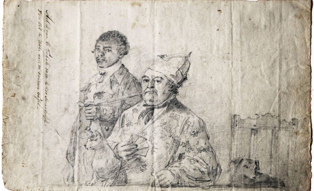 Augustus van Bengalen houdt de pijp van slavenhouder Hendrik Cloete vast, ca. 1778