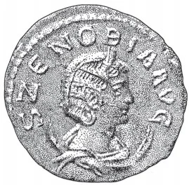 Munt van Zenobia. Deze munt werd geslagen in de periode dat Zenobia het openlijk opnam tegen Rome. Want het ‘aug’ na haar naam geeft aan dat ze zichzelf als een ‘Augusta’ beschouwde, oftewel als een moeder van de keizer (de titel die ze voor haar zoon claimde). Uit: Vijanden van Rome