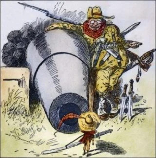 Cartoon uit 1903 getiteld "Go Away, Little Man, and Don't Bother Me". Roosevelt intimideert Colombia zodat hij zeggenschap krijgt over de Panama Canal Zone.