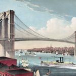 Chromolithografie van de Brooklyn Bridge in uit 1883 door Currier and Ives