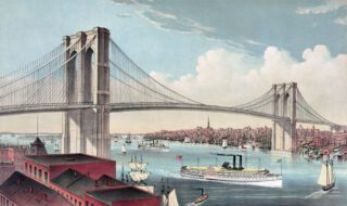 Chromolithografie van de Brooklyn Bridge in uit 1883 door Currier and Ives