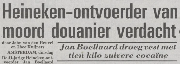 Kop in de Telegraaf over de moord op de douanier waar Jan Boellaard voor wordt veroordeeld - Telegraaf, 4 januari 1994