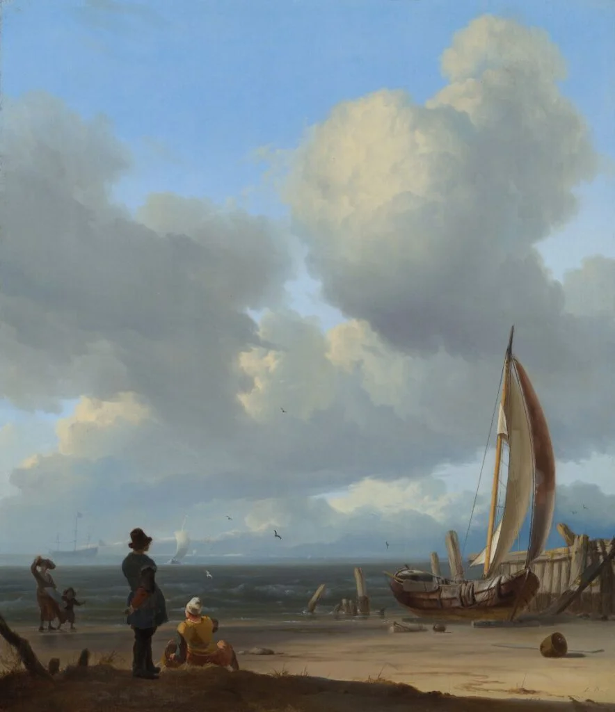 Ludolf Bakhuysen, Zeegezicht met figuren bij een schip op de kust, 1667