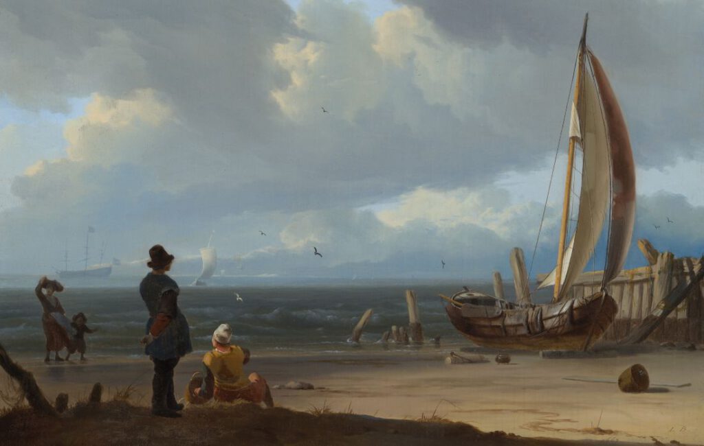 Ludolf Bakhuysen, Zeegezicht met figuren bij een schip op de kust, 1667 - detail
