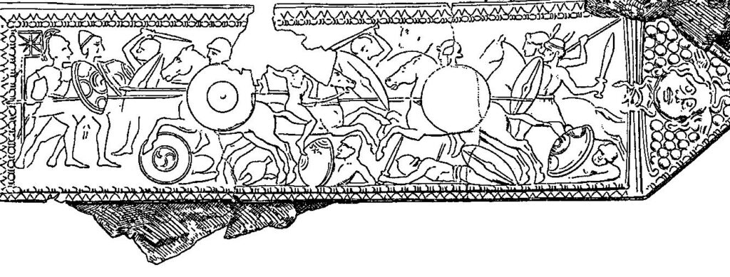 Illustratie van een bronzen plaat uit Pergamon door Alexander Conze die waarschijnlijk de Slag bij Magnesia voorstelt