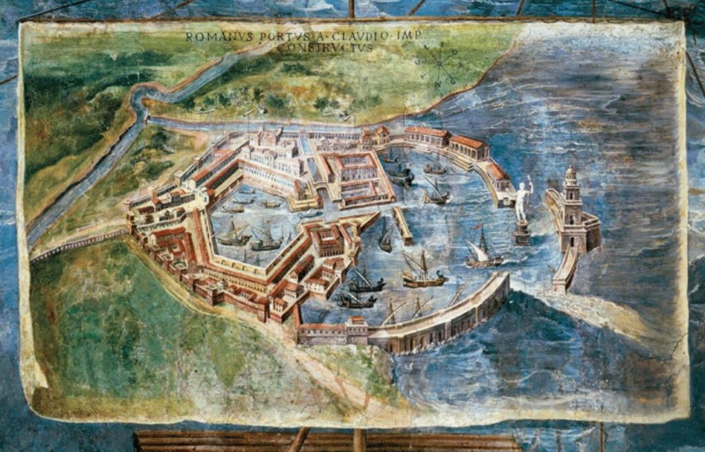 Een zestiende-eeuwse fresco van een geïdealiseerde Portus uit het Vaticaan. Rechts omarmen de twee pieren het gedeelte van keizer Claudius’ haven. Links is het hexagonaal bassin van Trajanus te zien