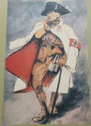 Anti-nationaalsocialistische spotprent van Hermann Seehafer getiteld 'Het masker valt', over de unie tussen het nationaalsocialisme en de Pruisische traditie tijdens de Dag van Potsdam, 1933