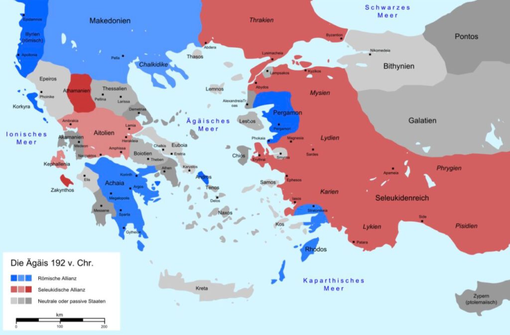 De politieke situatie in het Egeïsche gebied in 192 v.Chr. Blauw: Rome en bondgenoten, rood: de Seleuciden en hun bondgenoten.