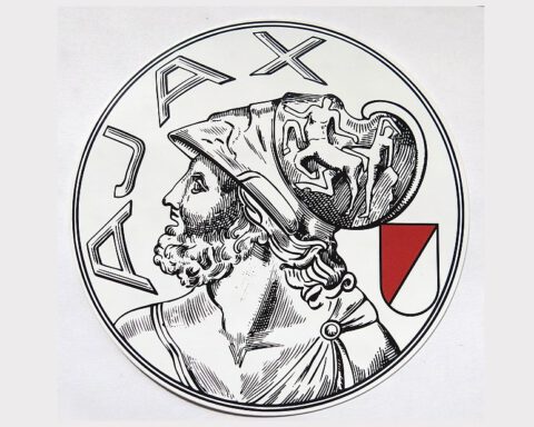 Sticker van de F-side met het oude Ajax-logo