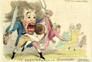 Karikatuur van het 'Monster van Londen' die teleurgesteld is over zijn middaglunch...