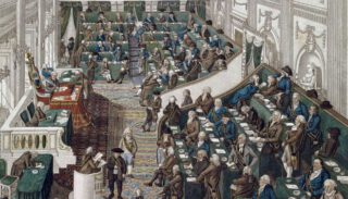 Oude Zaal - Tweede Kamer - Zitting van de Eerste Nationale Vergadering in Den Haag, ca. 1796 - George Kockers