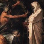 Verbeelding van een bijbels tafereel: "Saul en de heks van Endor"
