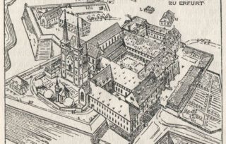 Tekening van de gebouwen van het Sint-Pietersklooster, inclusief de Sint-Pieterskerk, circa 1800