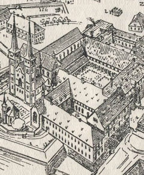 Tekening van de gebouwen van het Sint-Pietersklooster, inclusief de Sint-Pieterskerk, circa 1800