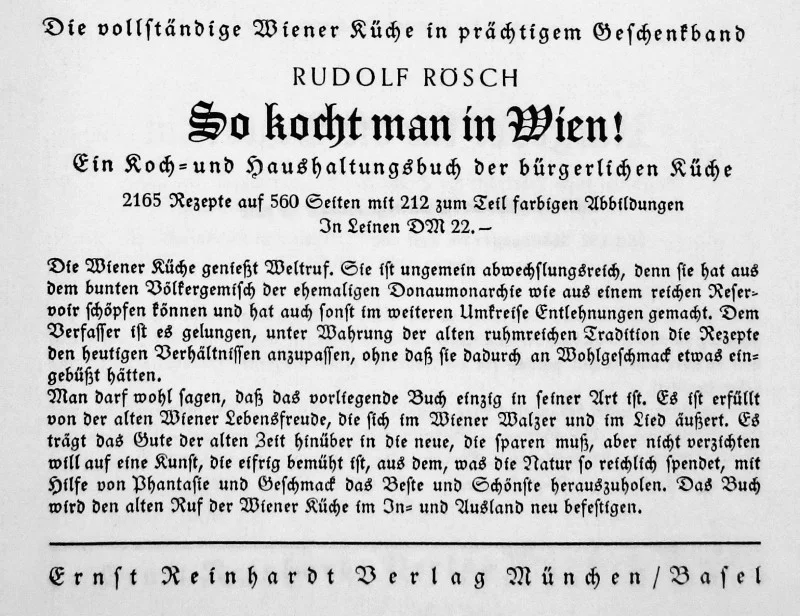 Naoorlogse reclame van Ernst Reinhardt Verlag voor de boeken van Rudolf Rösch. Bron: Het geroofde kookboek van Alice Urbach