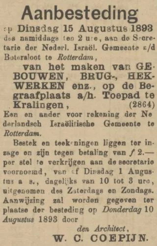 Aanbesteding in De Maasbode van 28 juli 1893