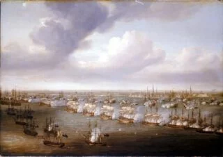De zeeslag bij Kopenhagen (1801) geschilderd door Nicholas Pocock, met Kopenhagen op de achtergrond, de Britse linie op de voorgrond en de Deense linie ertussenin