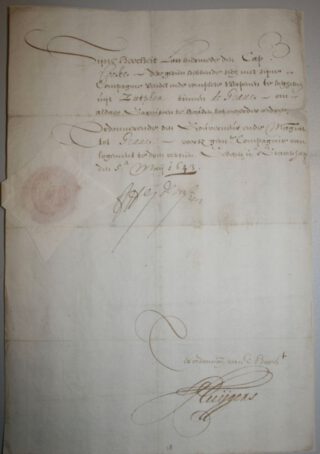 Door Frederik Hendrik en zijn secretaris Constantijn Huygens ondertekende opdracht uit 1646 aan kapitein Cooke om zich met zijn compagnie met vaandel en wapenen uit Zutphen naar Grave te begeven, Archief van het Sint-Catharinagasthuis (1291-1965), BHIC | img 6613