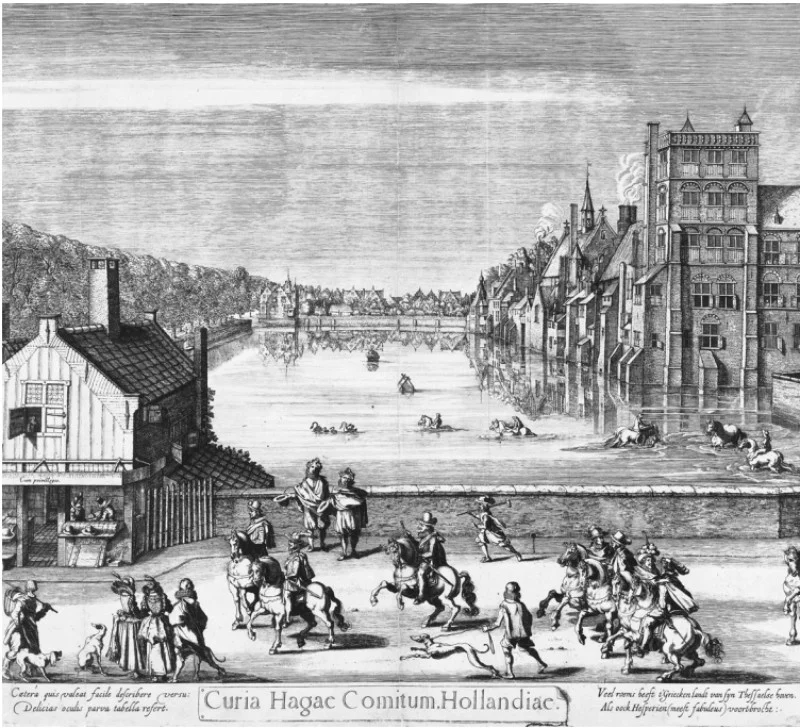 Gezicht op het Binnenhof en de Hofvijver, 1621. Uit: Geen vredestichter is zonder tegensprekers