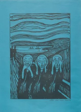 Jüsp [Spahr, Jürg] – ‘Frei nach Munch’, Nebelspalter. Das Humor- und Satire-Magazin, 1983, nummer 46. De Nebelspalter is een Zwitsers tijdschrift, het oudste satirische blad (1875)