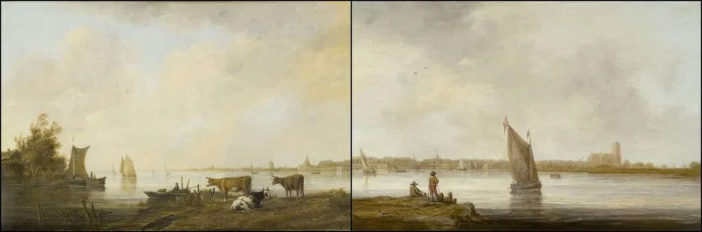 De twee schilderijen van Albert Cuyp aan elkaar - Links: Riviergezicht bij Dordrecht 'Los Angeles County Museum' -  Rechts: 'Gezicht op Dordrecht' (Museum der bildenden Künste, Leipzig)