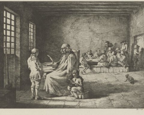 Schoolmeester met leerlingen in een klaslokaal, Jean Jacques de Boissieu, 1780 (collectie Rijksmuseum)