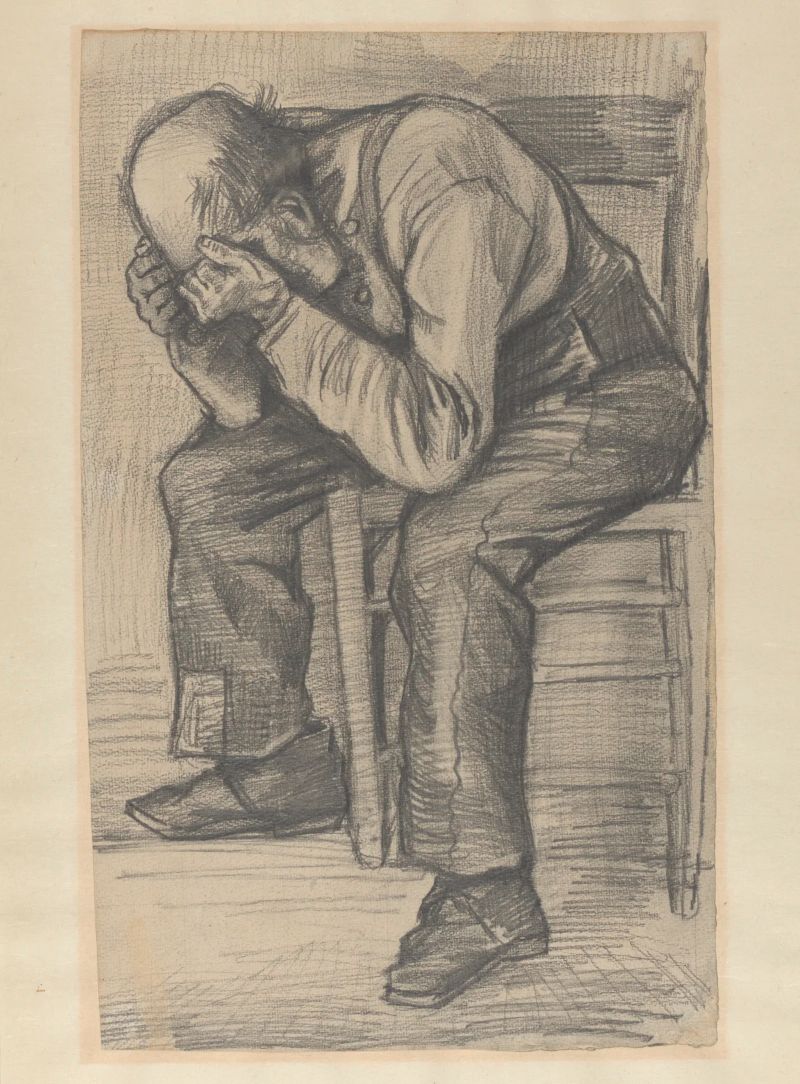 Vincent van Gogh, 'Studie ‘Worn out’', rond 24 november 1882. Timmermans potlood op aquarel papier, 48.8 x approx. 30 cm. (Privécollectie / Van Gogh Museum)