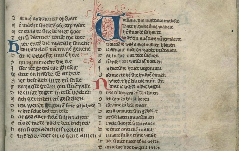 Eerste regels van 'Van den vos Reynaerde' in een veertiende-eeuws manuscript