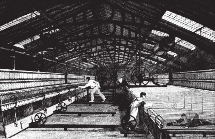 Kinderen aan het werk in een katoenspinnerij, 1835